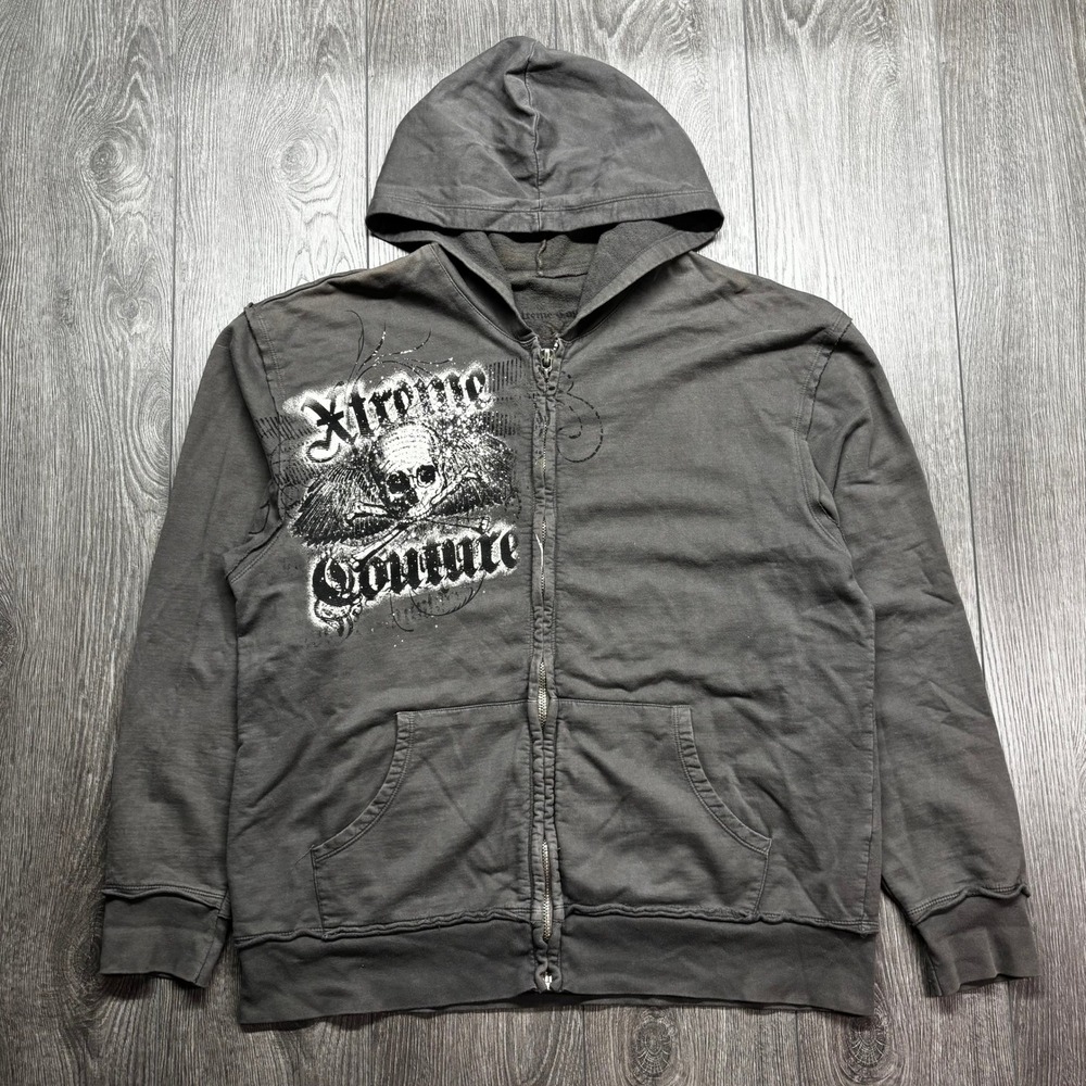 Xtreme Couture Affliction Mens Full Zip Hoodie Gray Skull Graphic MMA Y2K XL